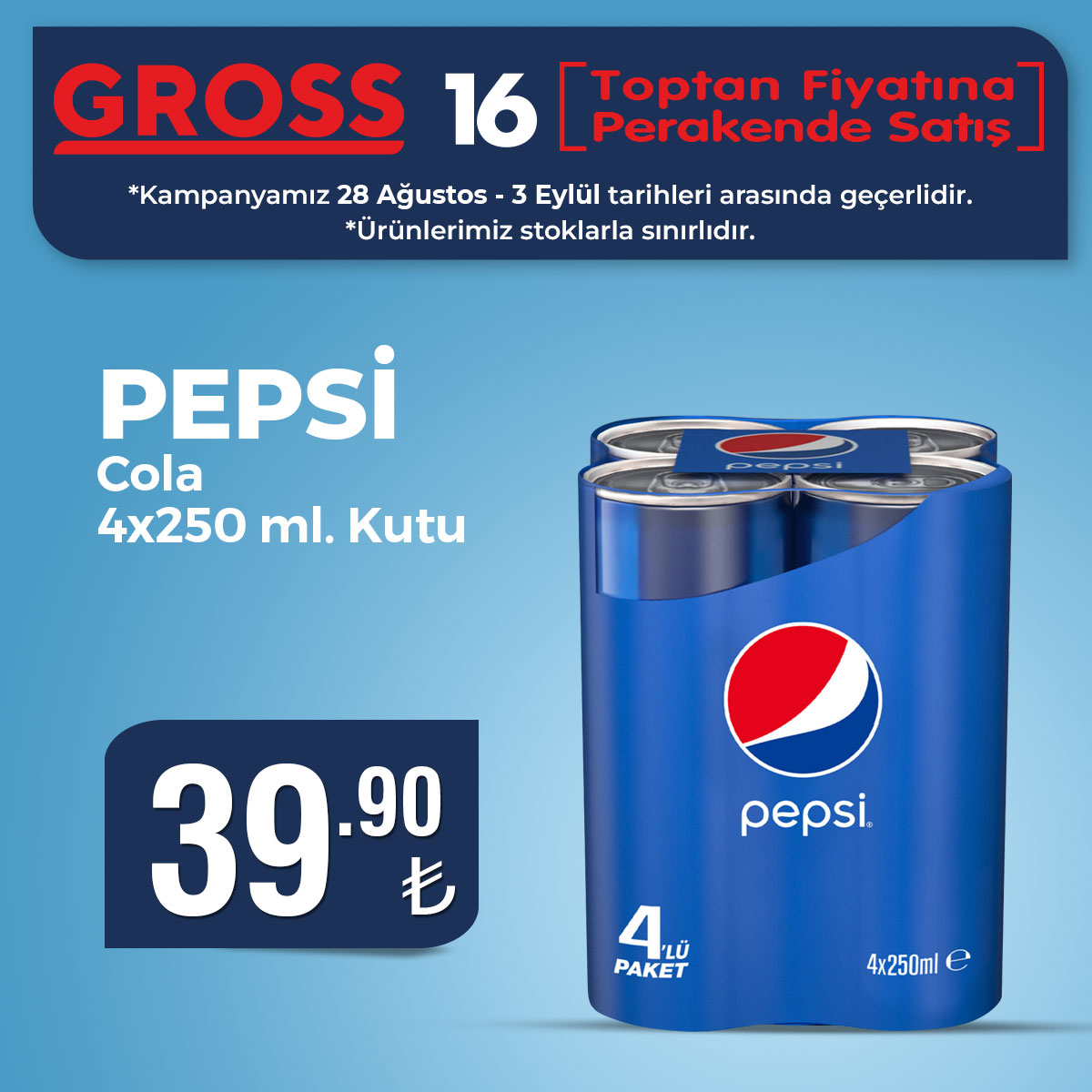 PEPSİ COLA 4X250 ML KUTU
